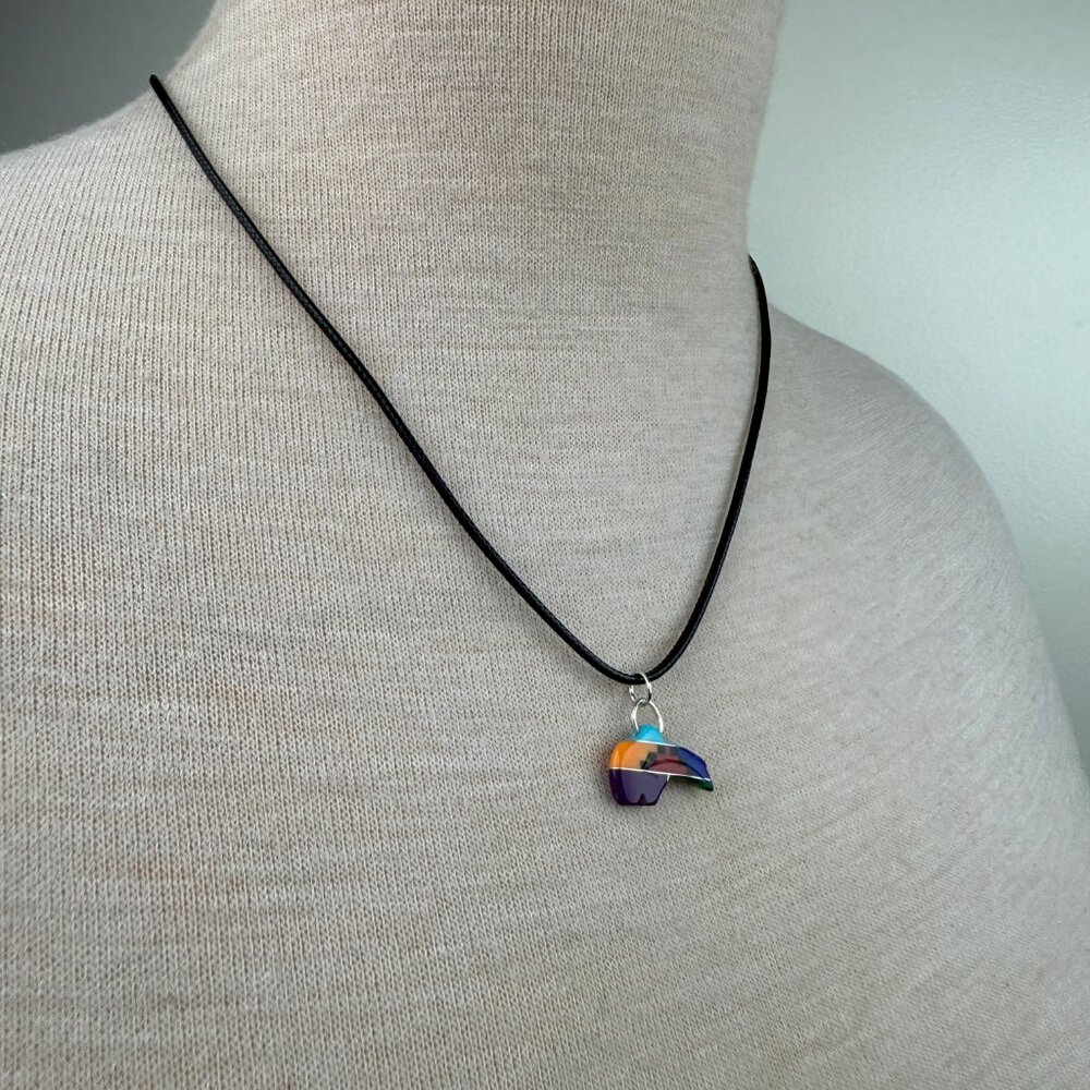 Stone Inlay Dolphin Fetish Pendant Necklace on NEW Black Cord 22" - Picture 4 of 5